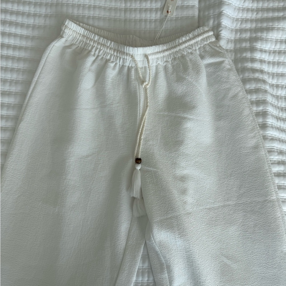 White Textured Drawstring Pants